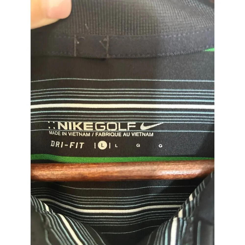Nike Men’s Dri-Fit Golf Shirt Polo Style Size L Black With Green & White Stripes